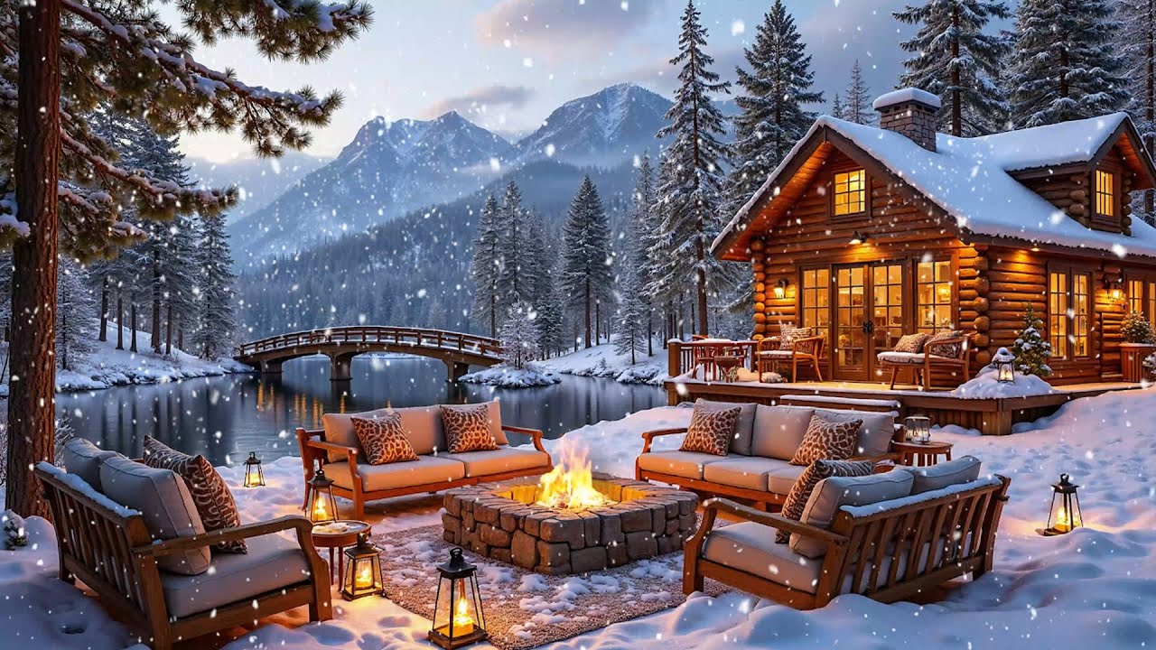 Quiet Winter Morning by the Lake ❄️ Piano Music & Crackling Fireplace for Study and Calm