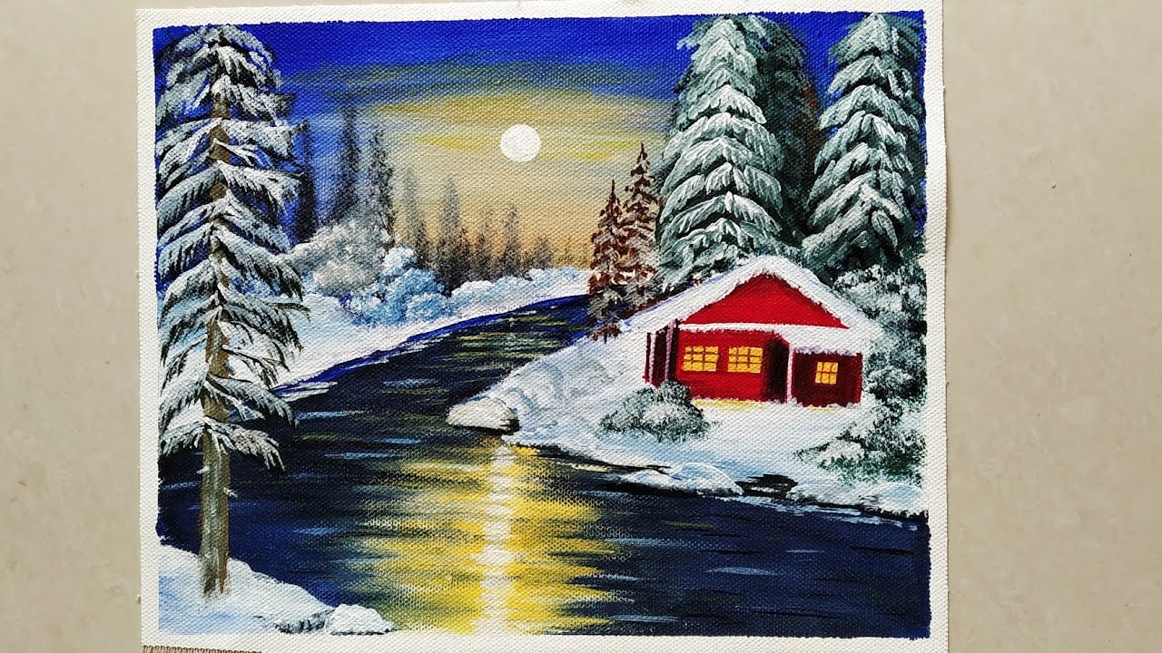 Christmas Winter Night Scenery Painting / Painting a Winter Wonderland Landscape/Easy Nature night