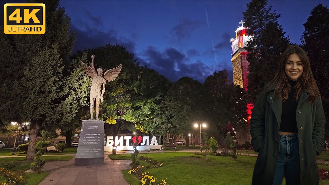 БИТОЛА, Македония (2025) *Осенняя ночь* 【ПЕШЕХОДНАЯ ЭКСКУРСИЯ 4K】🚶‍♂️ Осень в БИТОЛЕ, Македония 🇲🇰
