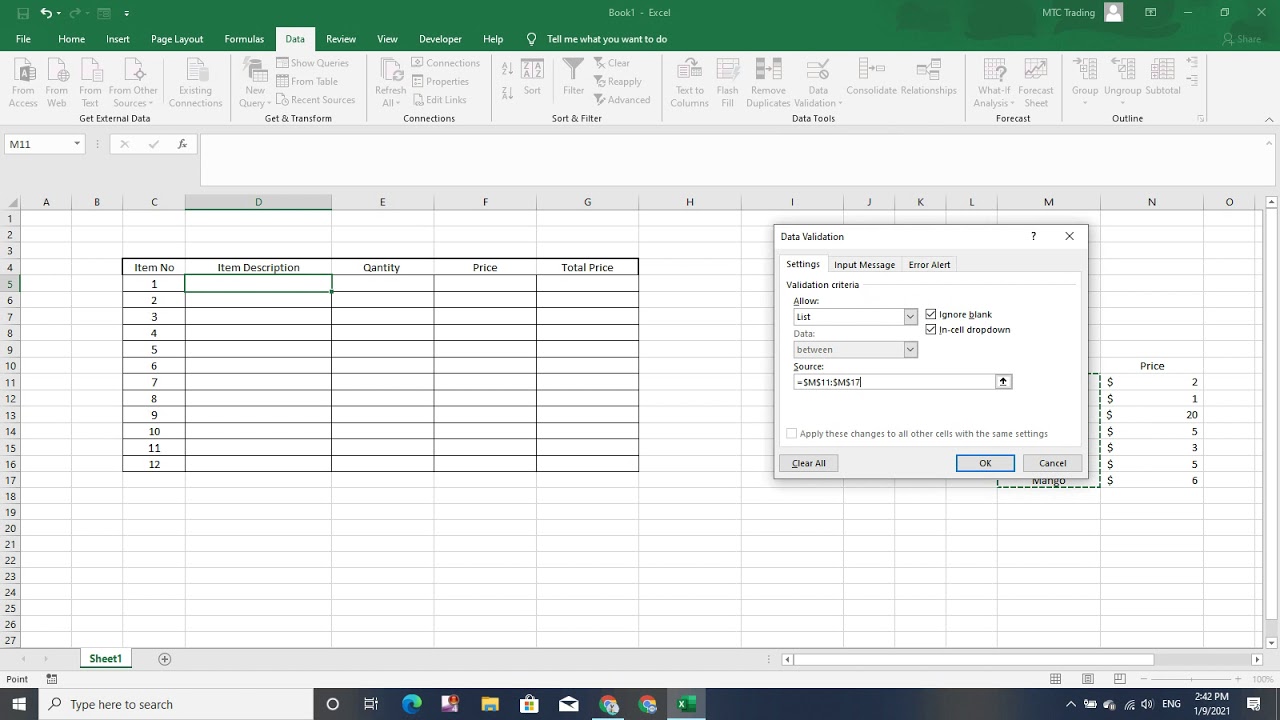 Easy & simple way to create DROP-DOWN-LIST (with Price) In Excel