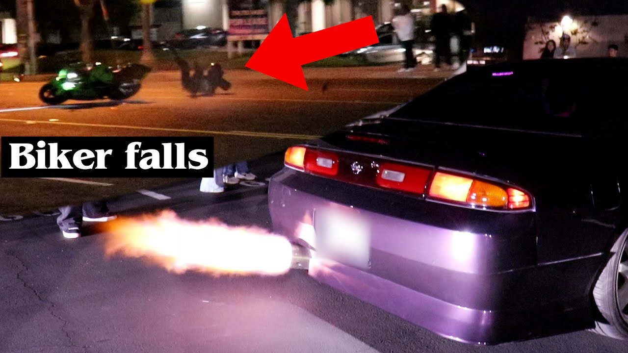 Biker falls from leaving a Car Meet! Cops Shut it Down