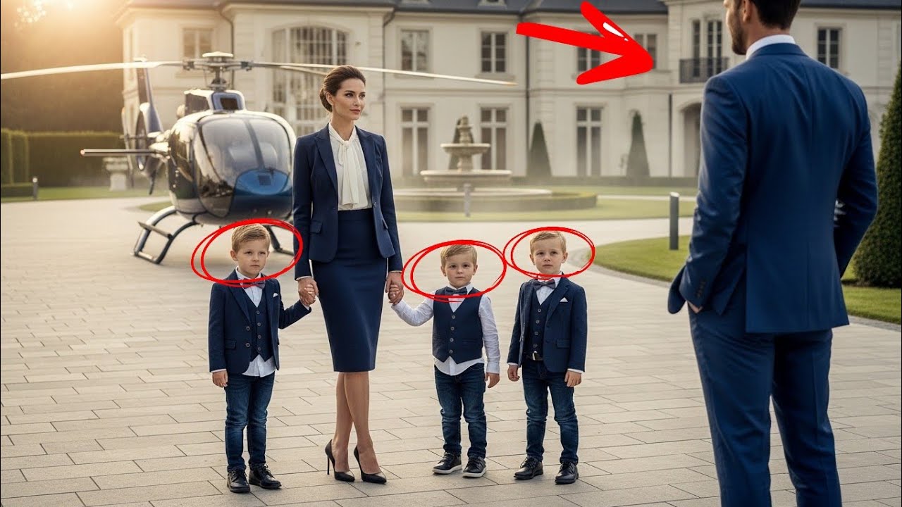 Marido Echa a su Esposa… Cinco Años Después, Ella Vuelve con Trillizos Iguales a Él en Helicóptero.
