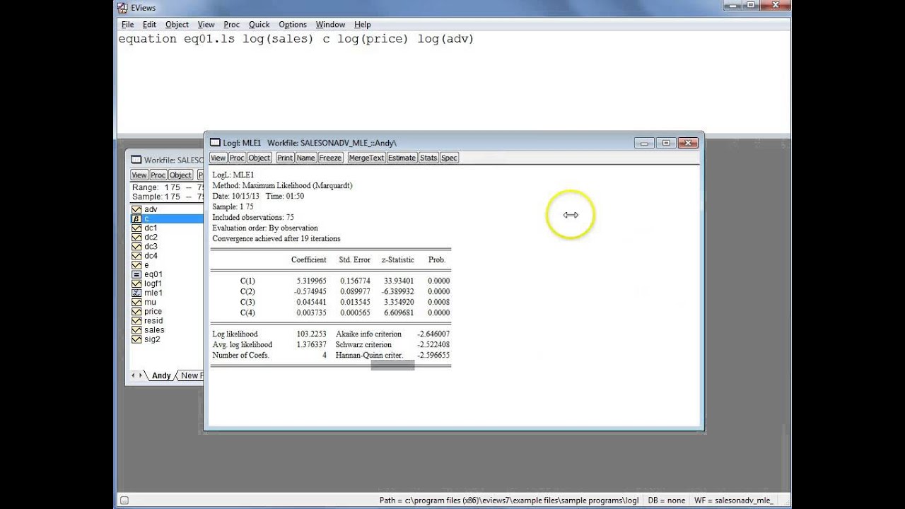 ММП для линейной регрессии в EViews