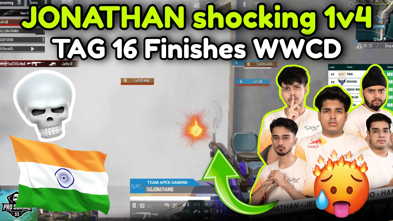 🇮🇳JONATHAN Shocking 1v4 🥶 Team Apex Gaming 16 Kills WWCD 🥵Destroy RNTX 🔥🔥