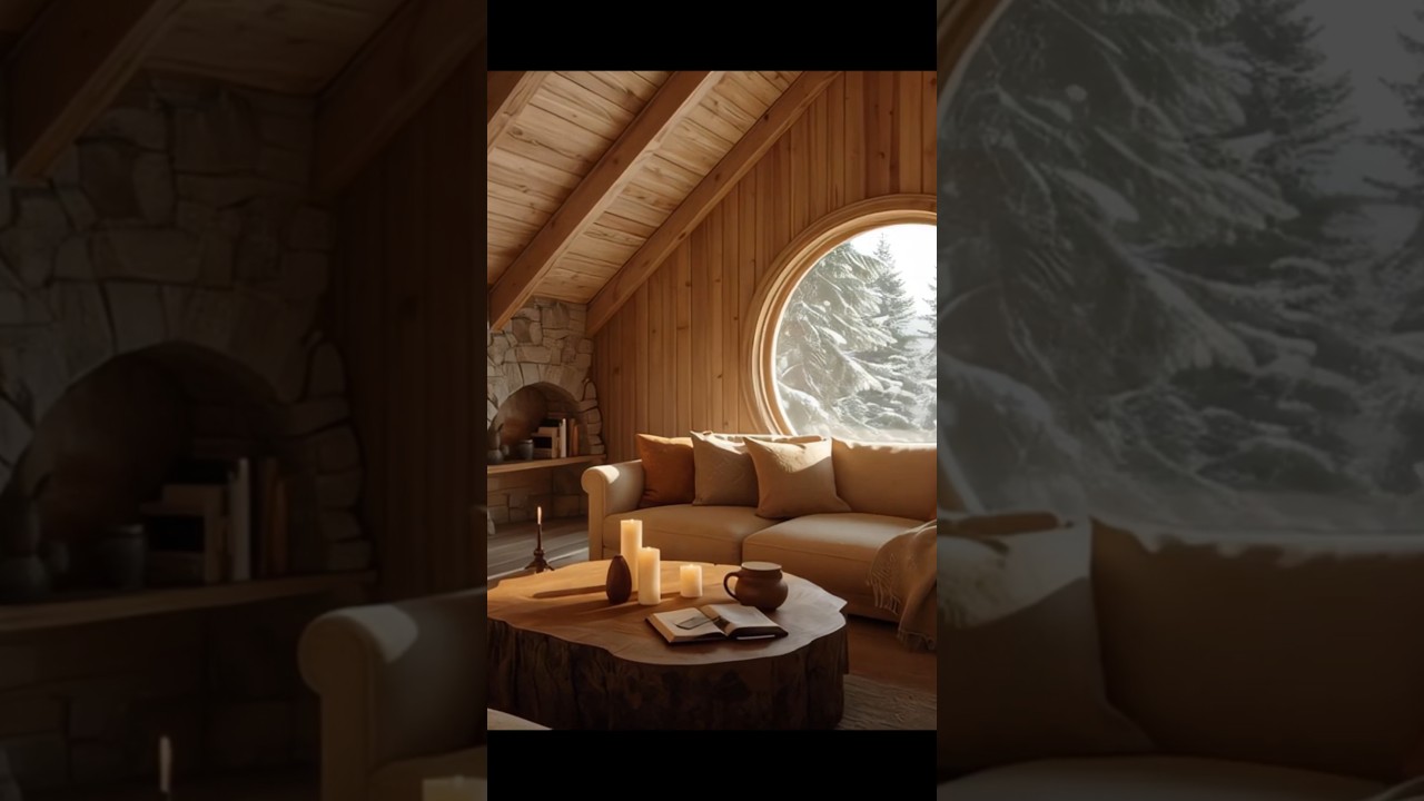 Cozy Mountain Living Room with Round Window and Fireplace ❄️🔥 Peaceful Winter Retreat 