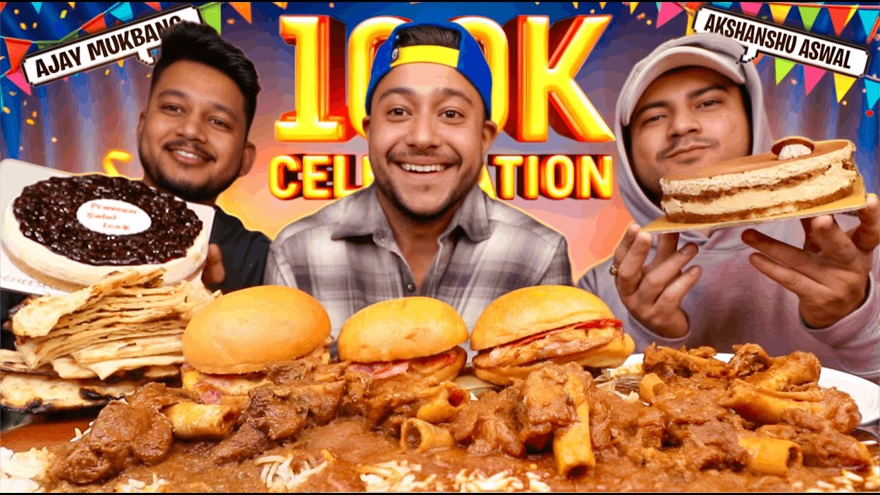 100K SPECIAL MUKBANG! 🥵 Homemade Mutton Curry & Bacon Burger Feast w/ Akshanshu Aswal & Ajay Mukbang