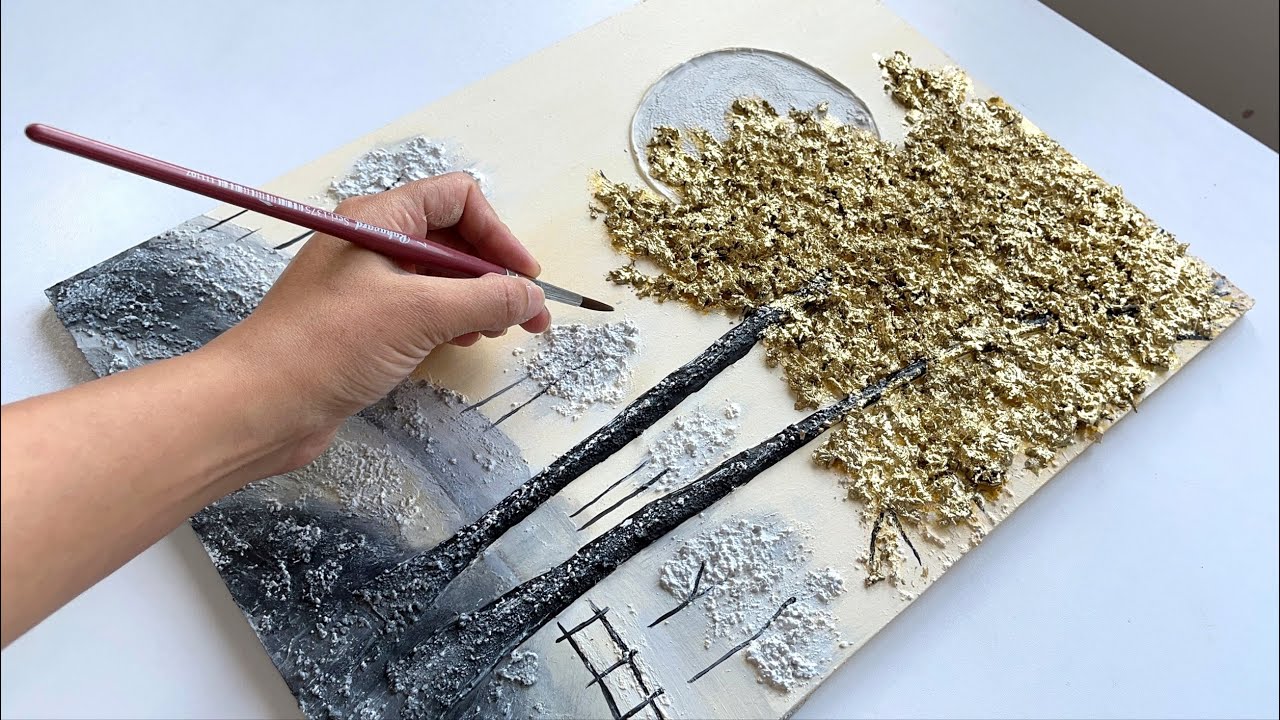 How to Paint a tree with Texture Paste  and Wood Chips | Golden Tree Wall Art By Vanoushe Art