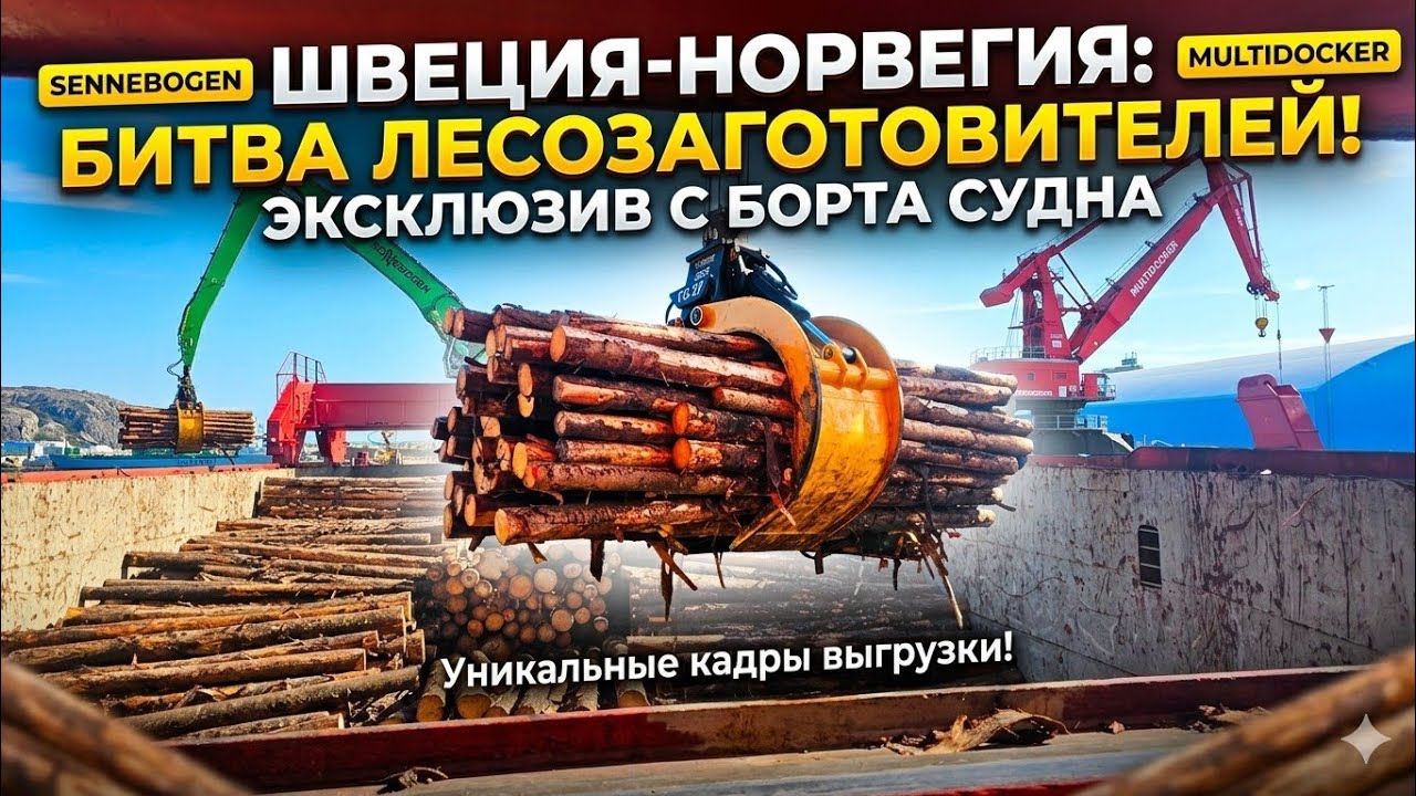Выгрузка леса в Швеции, Норвегия, судно, Multidocker, Sennebogen, береговые краны