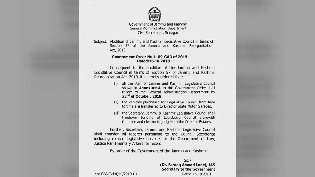 J&K Legislative Council Formally Abolished