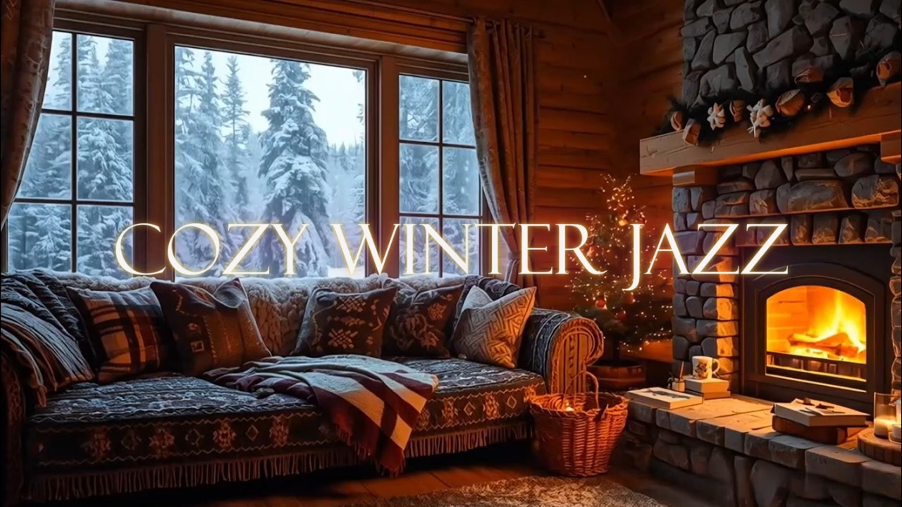 Cozy Winter Cabin❄️Crackling Fireplace Smooth Jazz with Blizzard Sounds for Sleep or Study🔥3 Hours