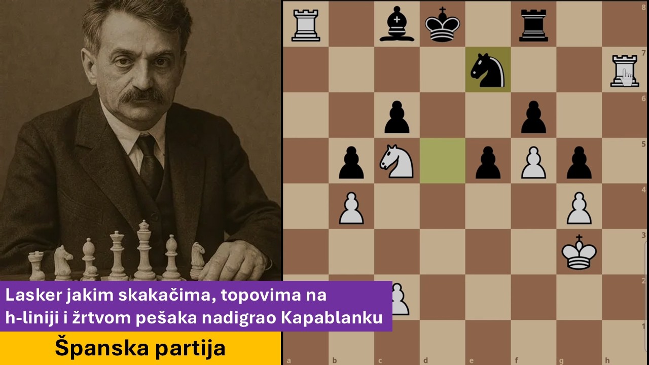 Lasker jakim skakačima, topovima na h-liniji i žrtvom pešaka nadigrao Kapablanku - španska partija