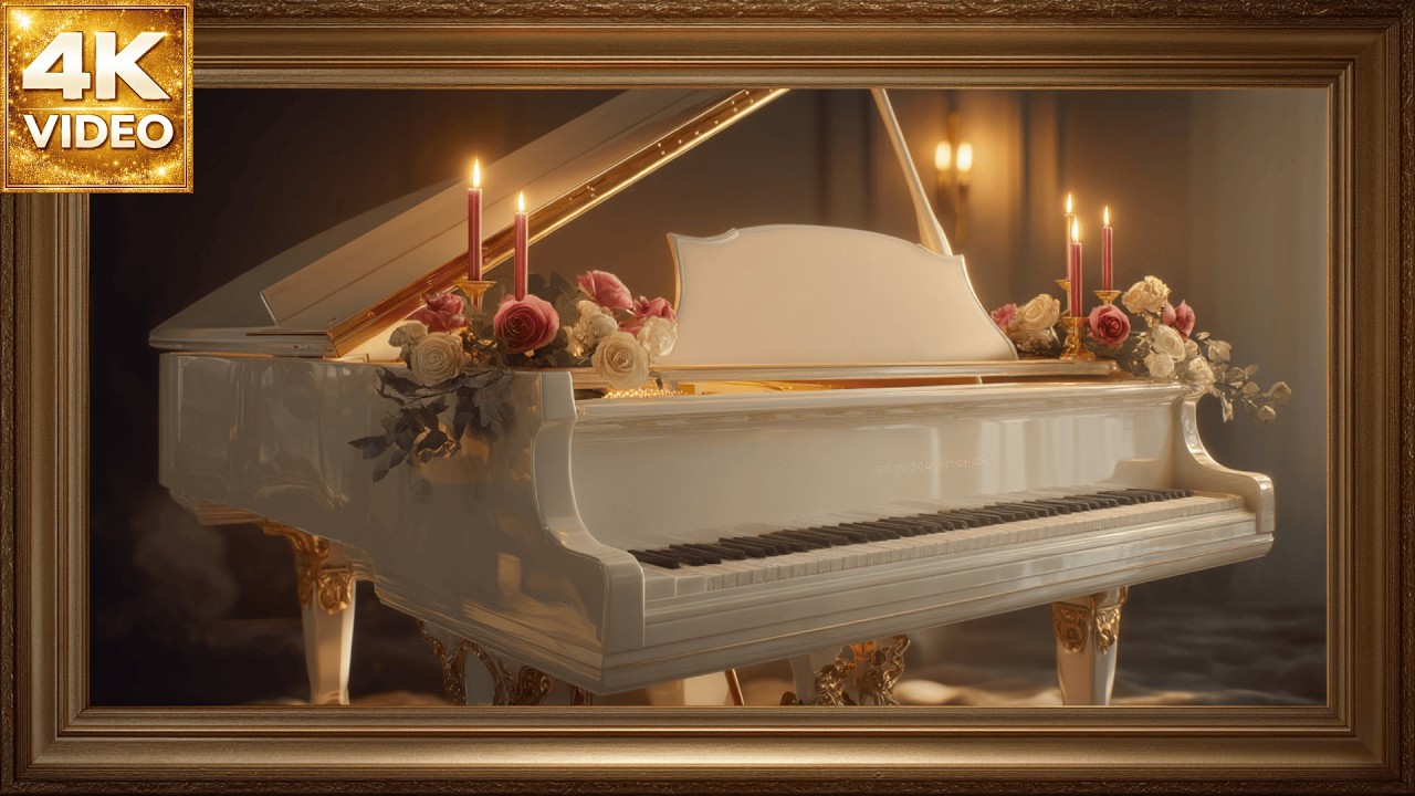 Piano Blanco Elegante 4K | Velas y Rosas Románticas | Pantalla Estática para TV (2 Horas,Sin Música)