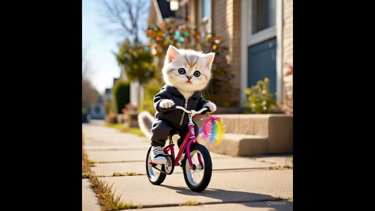 The little cat is exercising by cycling in the morning to stay healthy