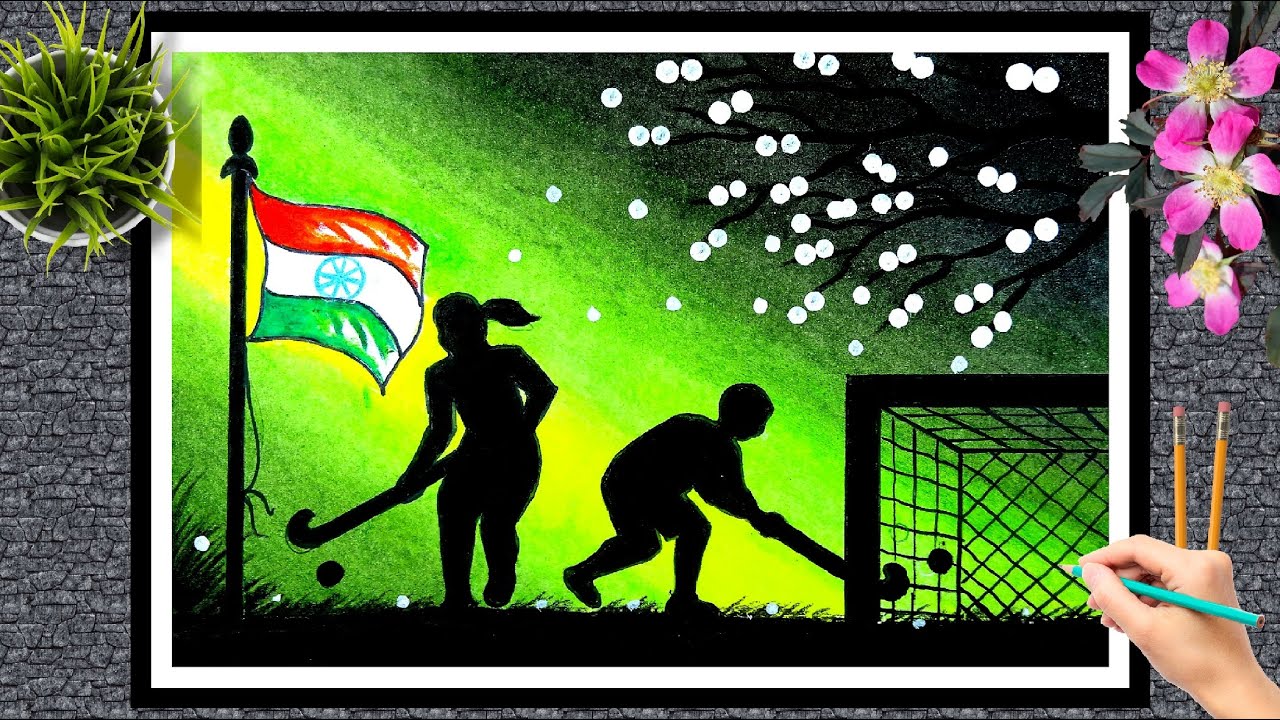 national sports day drawing/national sports day poster drawing/hocky sports drawing step by step