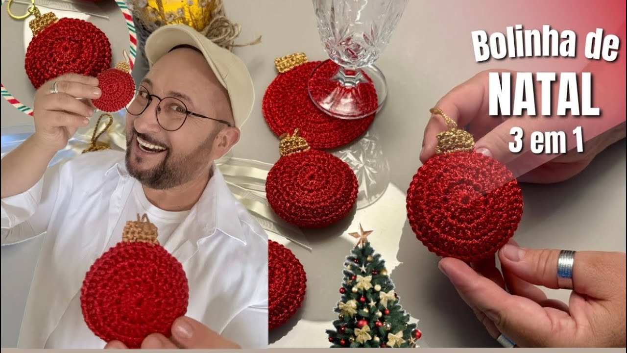 Bolinha de Natal 3 em 1 em Croch&ecirc; &ndash; Enfeite, Chaveiro e Porta-copo! Passo a passo super f&aacute;cil!