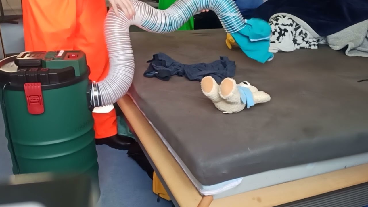 @vacmaster left his clothes and plushies after playing on my bed. it all got sucked up (vacuuming)