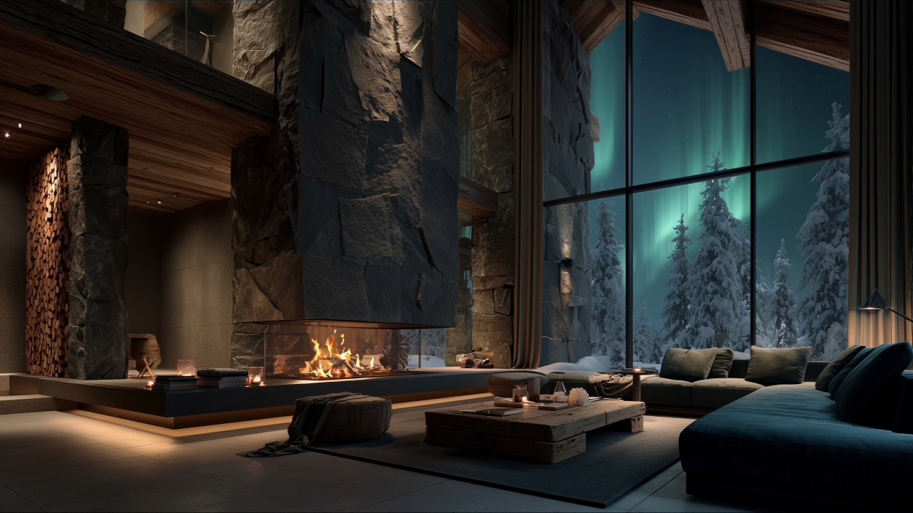 Fireplace Ambience in Luxury Cabin | Northern Lights View | Real Crackling Fire Sounds | 4K