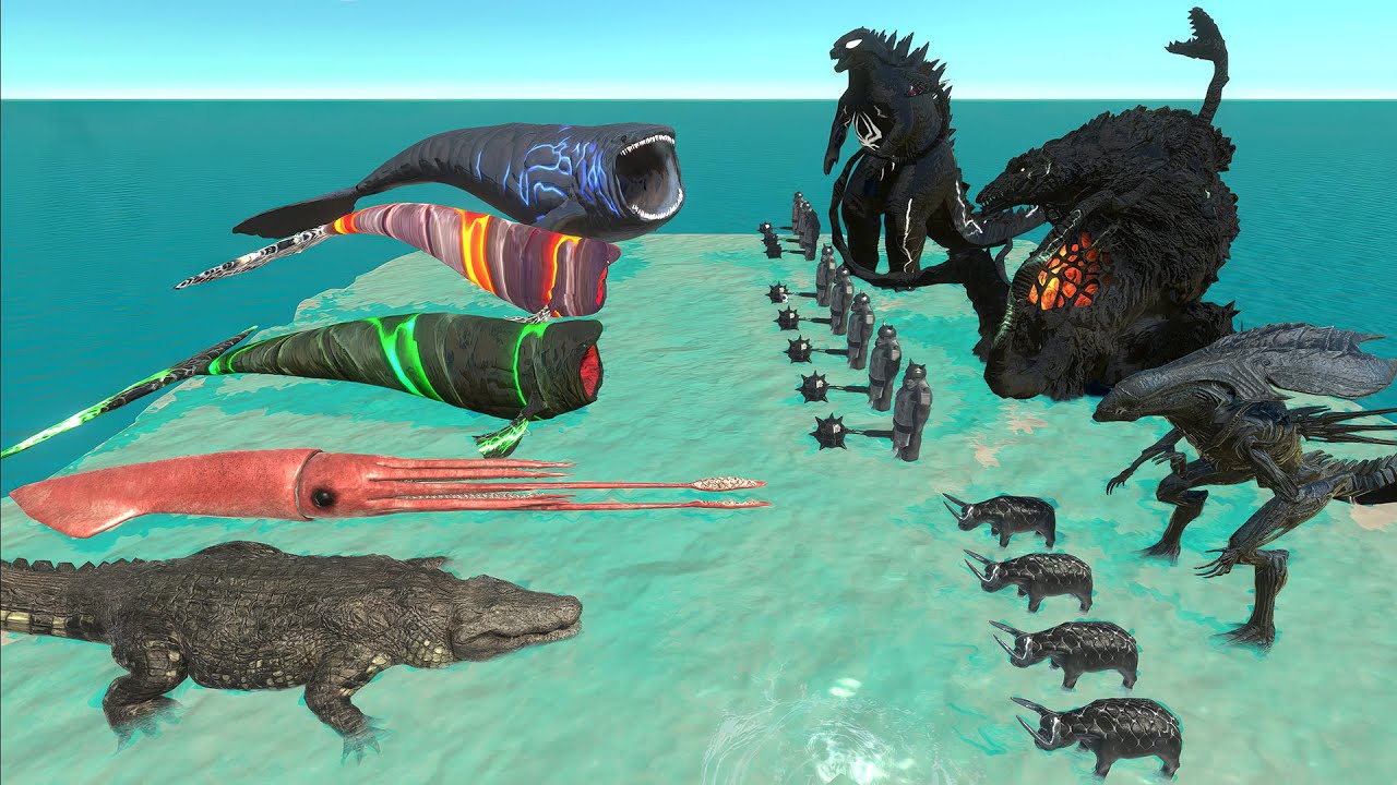 Aquatics Battle - The Bloop VS Dark Team Godzilla 2014 + Biollante - Animal Revolt Battle Simulator