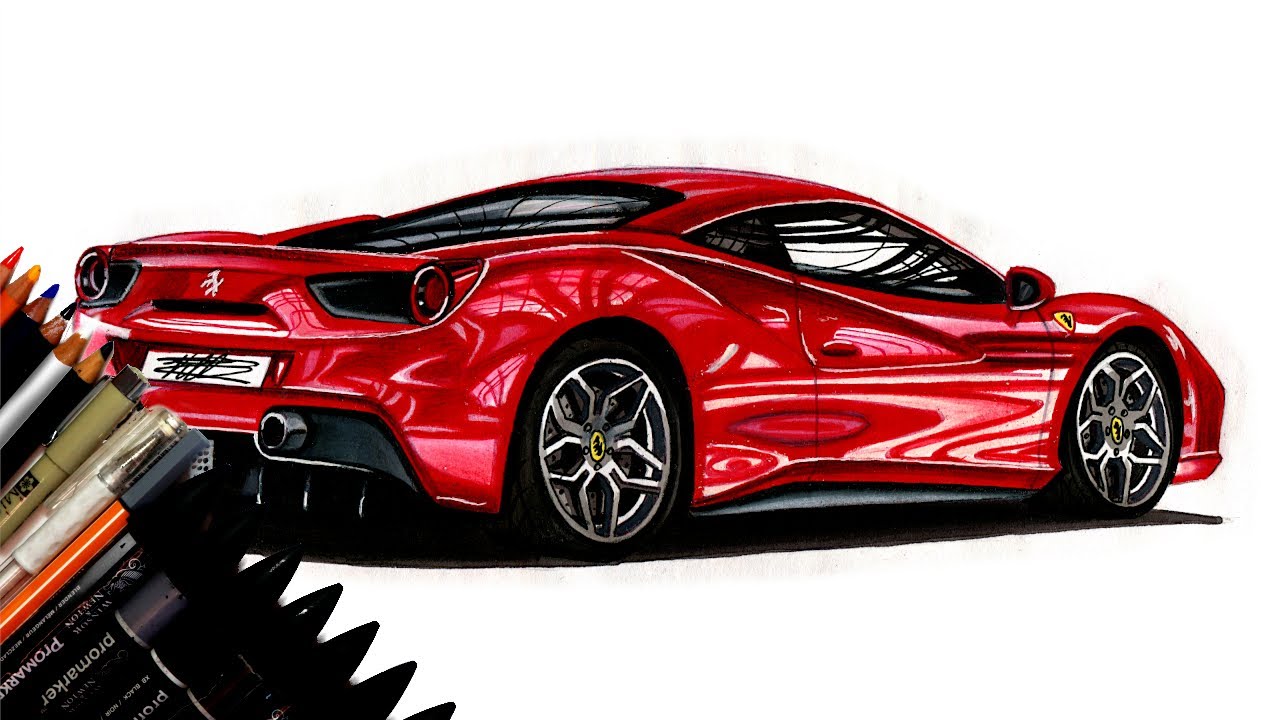 Realistic Car Drawing - Ferrari 488 GTB - Time Lapse - Drawing Ideas