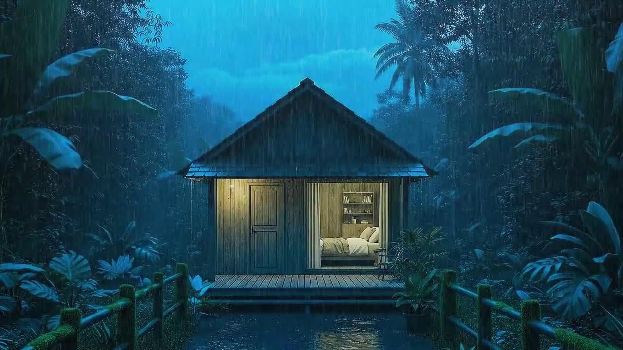 Gentle Rain and Distant Storm Calm Thoughts Fast Sleep in a Remote Tropical Cabin 🌧️