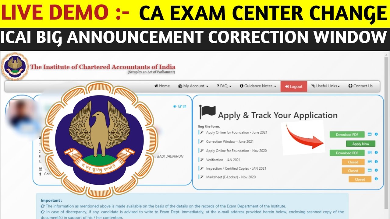 ICAI BIG ANNOUNCEMENT CORRECTION WINDOW | LIVE DEMO : HOW TO CHANGE CA EXAM CENTER AND MEDIUM