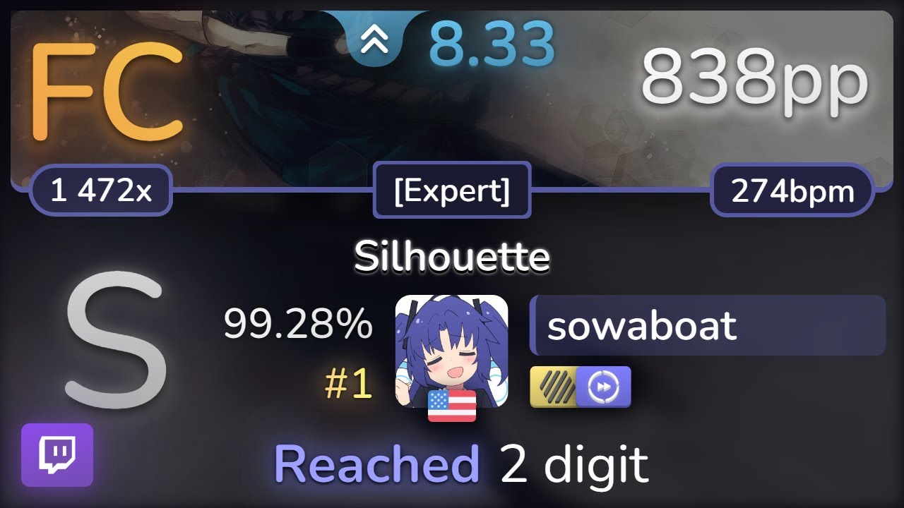 🔴 sowaboat | Amatsuki - Silhouette [Expert] +HDDT 99.28% (#1 838pp FC) - osu!