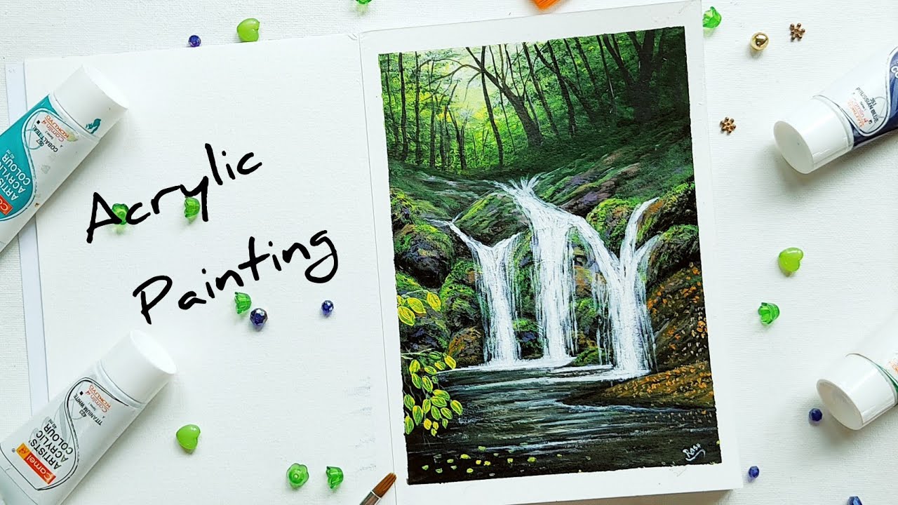 Beautiful Waterfall Acrylic Painting | Realistic Acrylic Painting | Acrylic Painting in Malayalam