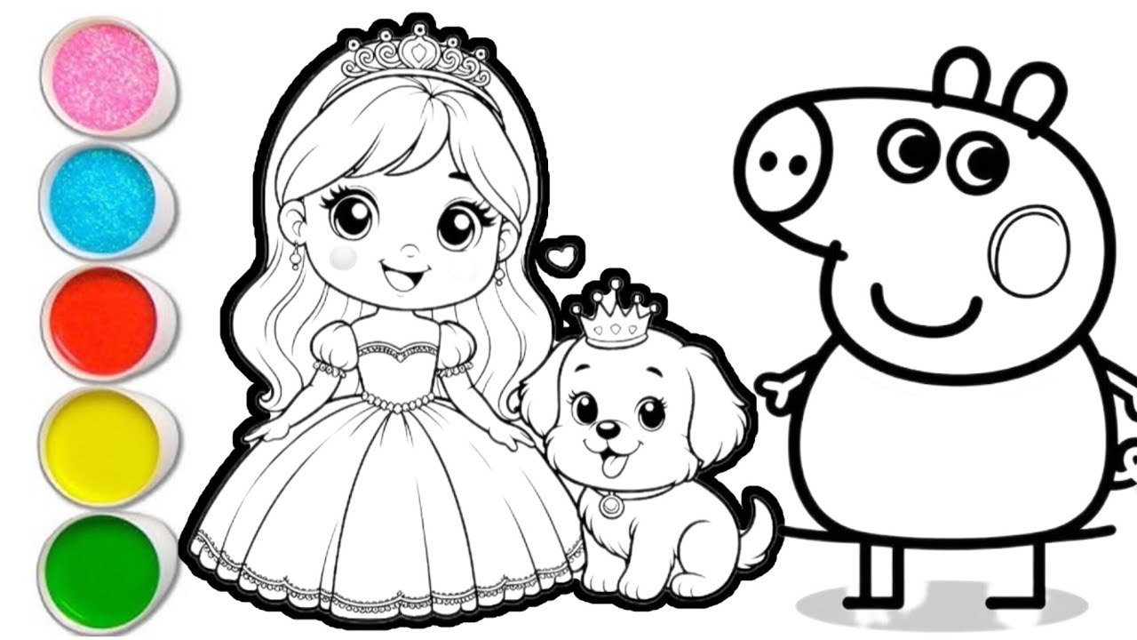 Peppa pig with princess drawing and coloring for kids and toddlers || easy peppa pig drawing for kid