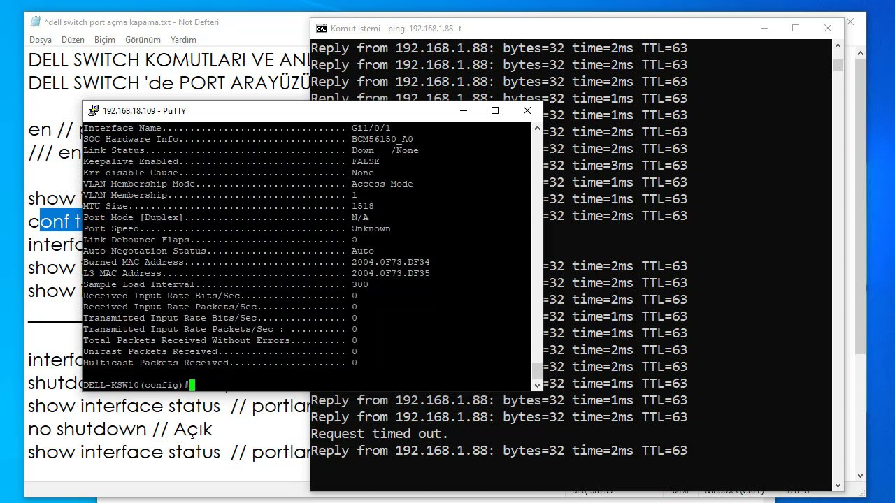 NETWORK UYGULAMALI TEMEL EĞİTİM BASİT KOMUTLAR | Dell Switch Port Açma - Kapatma