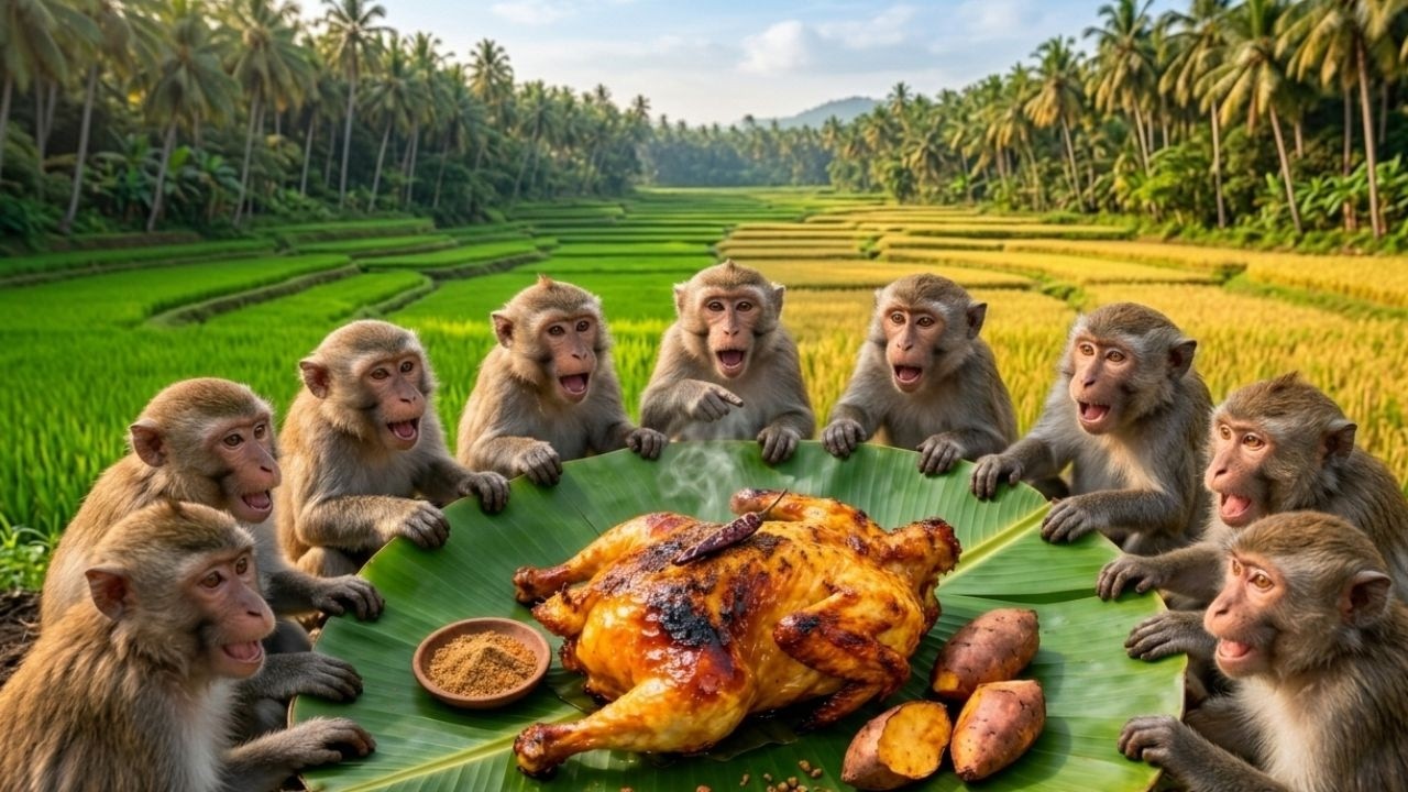 🍗😋बंदरों ने बनाया मसाला चिकन रोस्ट 🔥🐒 Monkeys Made Masala Chicken Roast